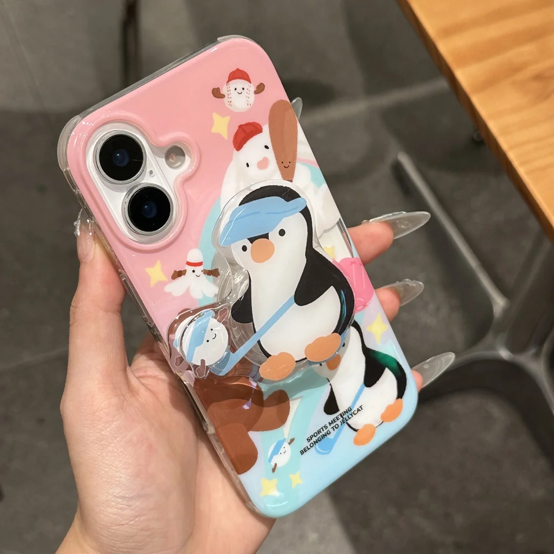 

Lovely Penguin Baseball activities Pattern Phone Case For iPhone14 15 16 Pro Max Glossy silicon shell With Penguin Rotate Stand﻿