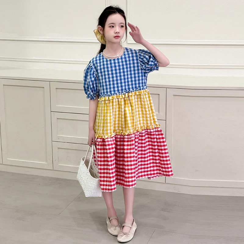 Korean Kids Cotton Plaid Patchwork Dress for Tweens Girl High Fashion Summer Clothes Outfit Child Long Style A-line Dresses