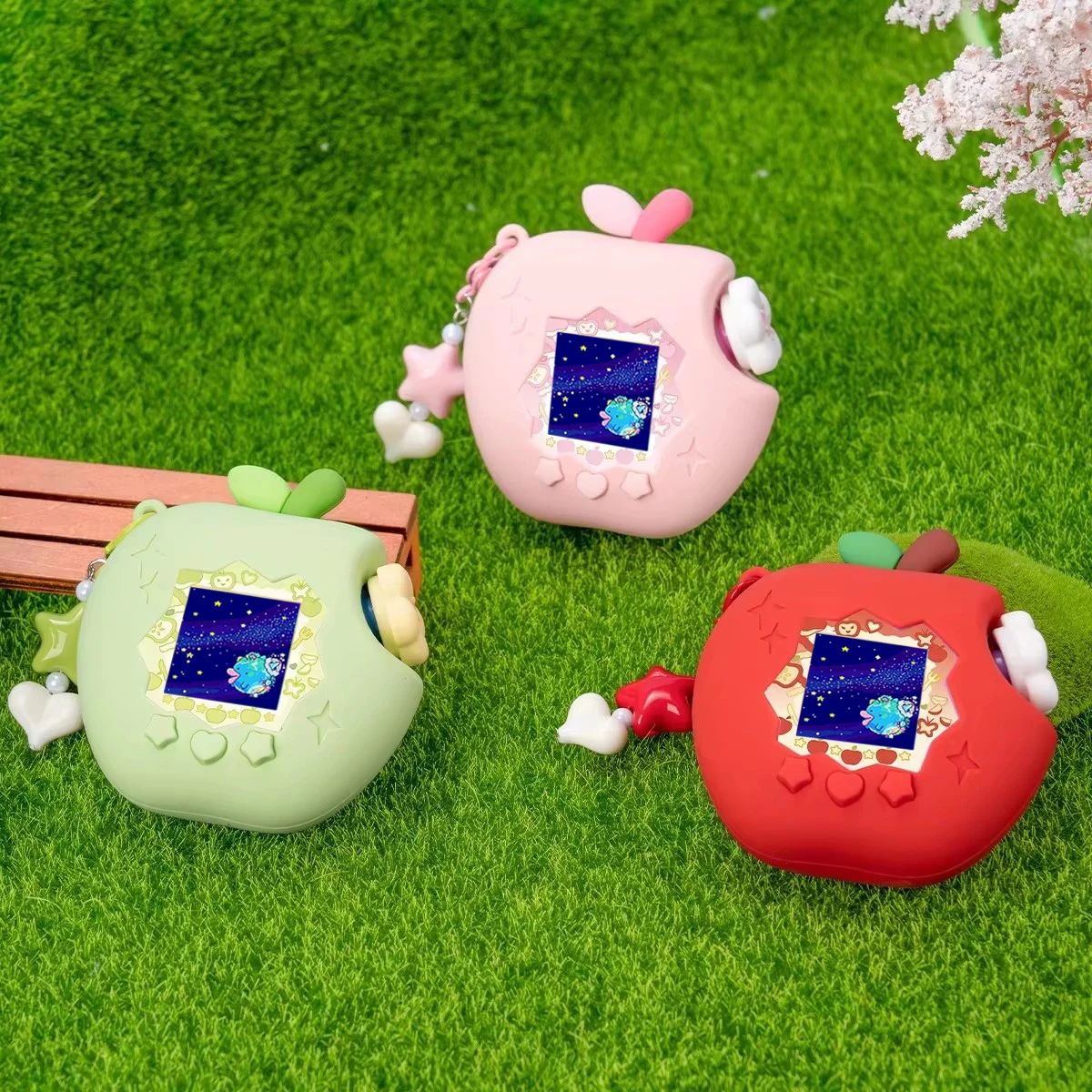 Capa Protetora de Silicone Macia com Adesivo de Frutas e Corrente para Tamagotchi Paradise, Acessórios de Capa Protetora e Tampa de Botão