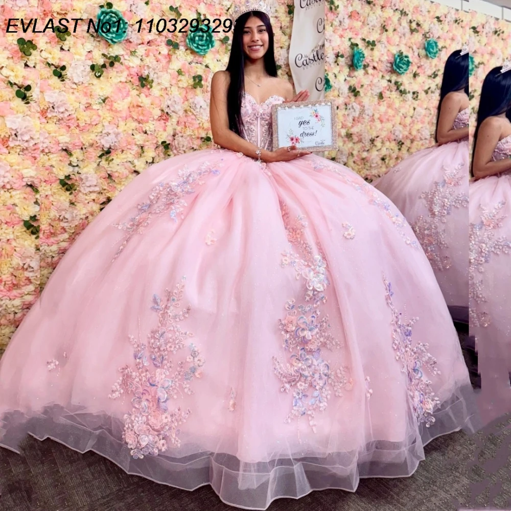 

EVLAST Customized Princess Pink Floral Ball Gown Quinceanera Dress Lace Applique Beading Sweet 16 Vestidos De 15 Anos E1Q927