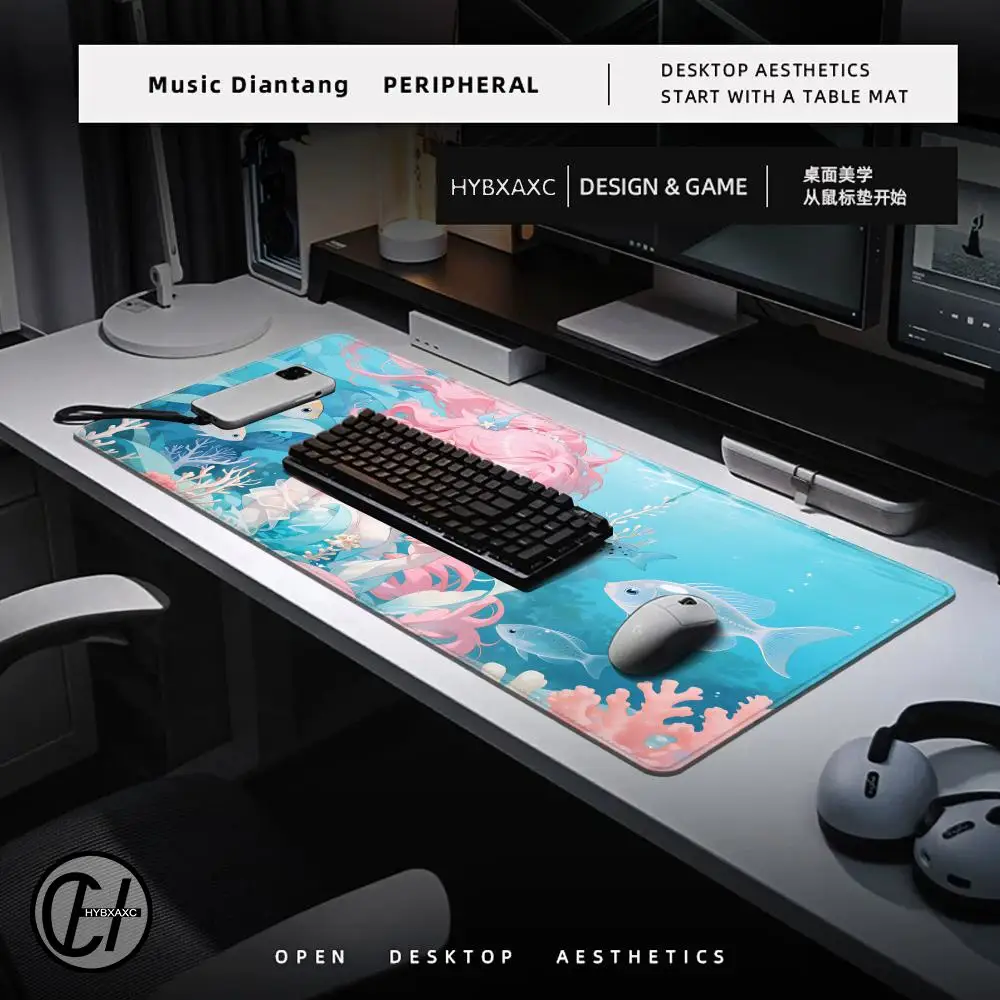 HYBXAXC Large Vibrant Mermaid Design Extended Gaming Mouse Pad - Non-Slip Rubber Base, Desk Protector Mat for Office Computer
