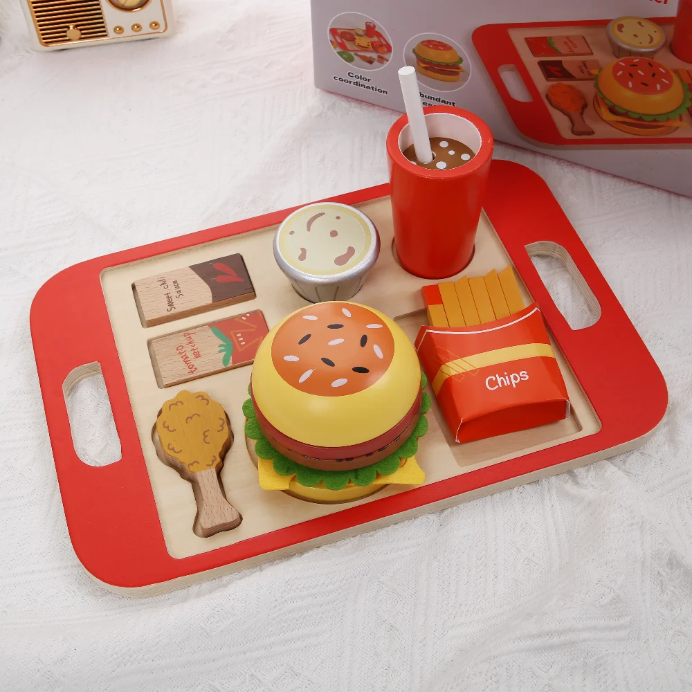مجموعة مزيج برجر محاكاة خشبية لعبة التظاهر لعبة الطعام للأطفال المطبخ لعبة لعب الأدوار المحاكاة هدية للأطفال