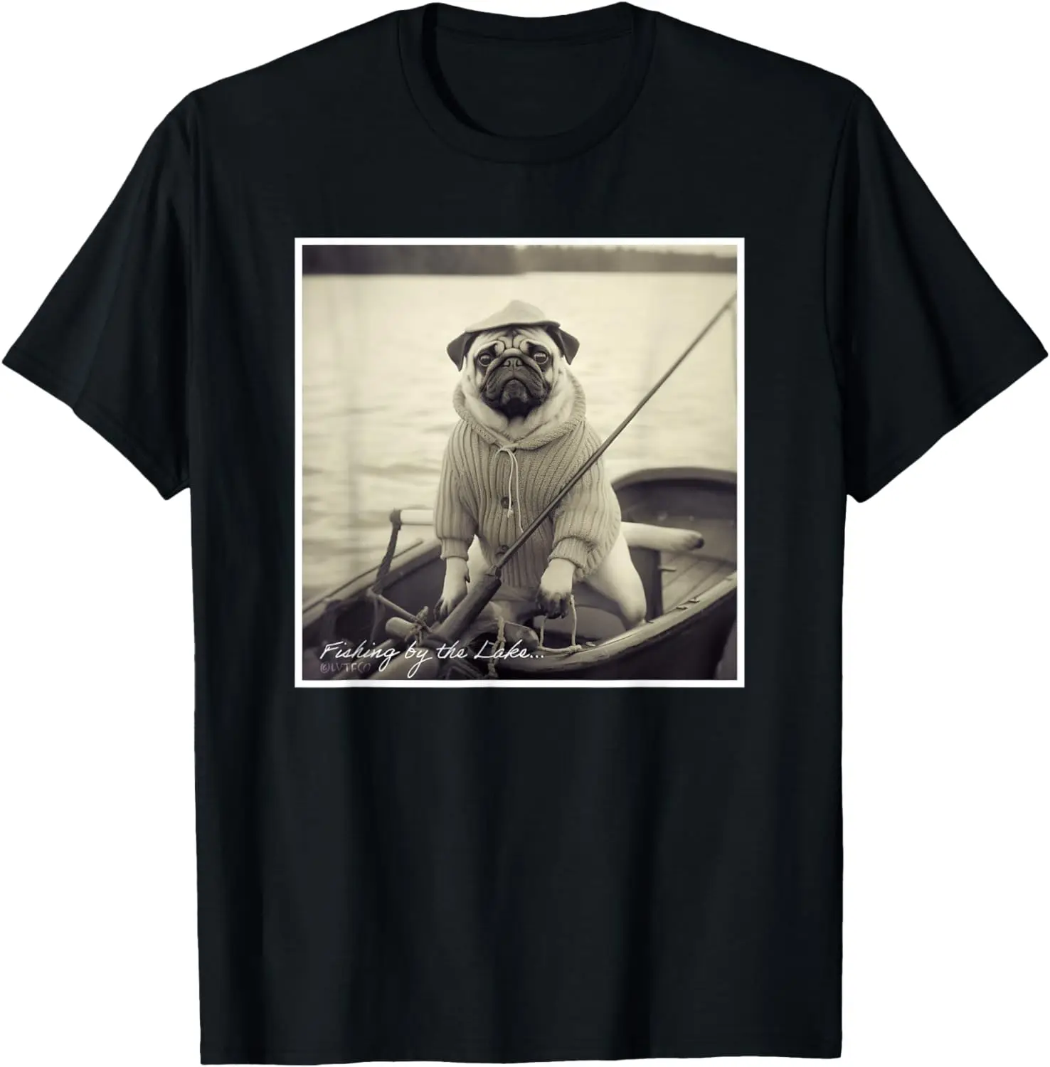 

Funny Pug Fisherman on Boat Vintage Graphic T-Shirt