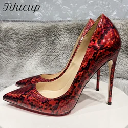 Tikicup Glossy Red Snakeskin Print Women Sexy Pointy Toe High Heel Shoes for Party Night Event 12cm 10cm 8cm Stiletto Pumps