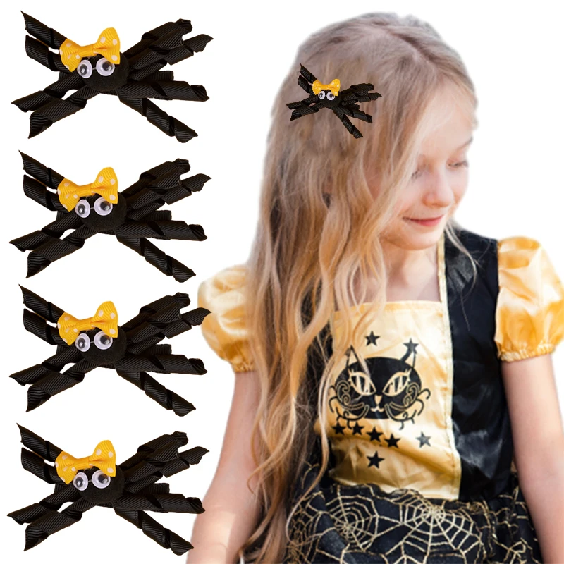 

ncmama 2Pcs Spider Hair Bow Clips Halloween Hair Accessories Sweet Girls Ribbon Curly Hairpin Kids Headwear Boutique Barrettes