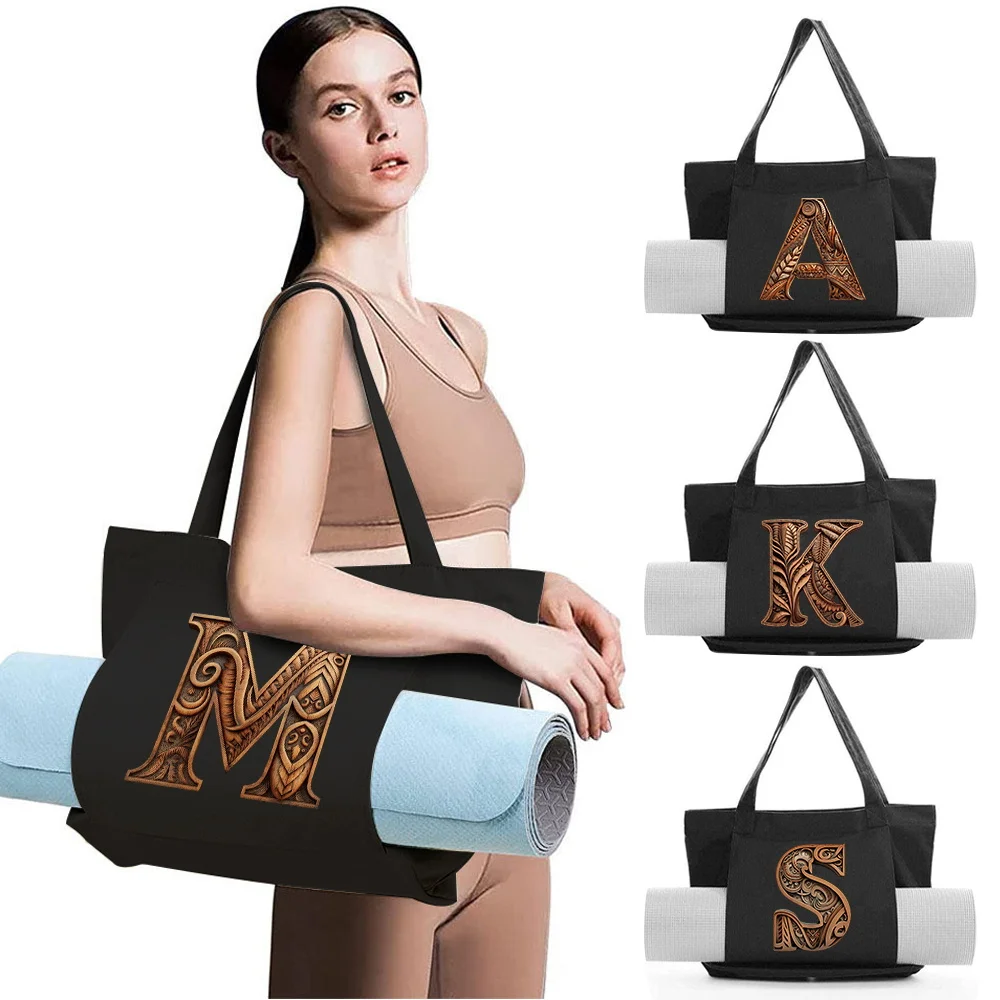 

Women's Yoga Mat Tote Bag Gym Fitness Handbags Pocket Large Capacity Pilates Shoulder Bags Storage Wood Art Letter Series