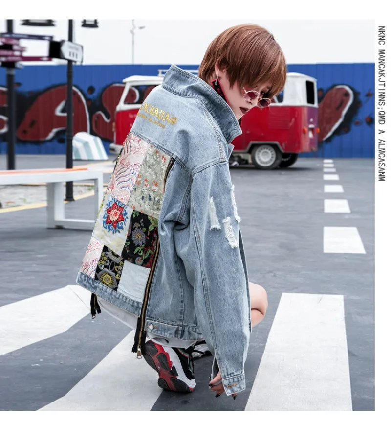 Vintage Floral Embroidery Denim Jacket Coat Women Ripped Distressed Patch Streetwear Hip Hop Loose Bomber Jackets Outerwear