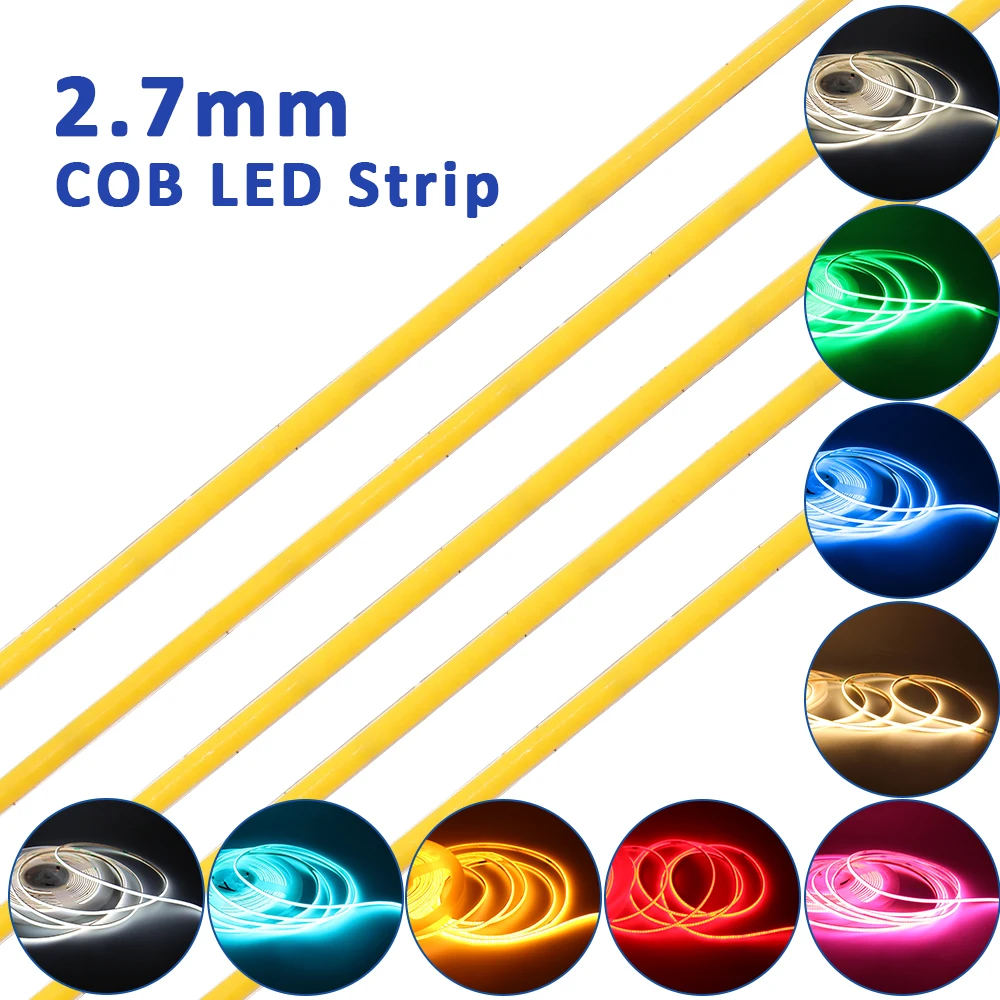 

5 м 2,7 мм COB Светодиодная лента DC12V 480 светодиодов/м Ультратонкая гибкая лента высокой плотности FCOB Ленточная лампа Теплый Холодный Белый Ледяной Синий Красный