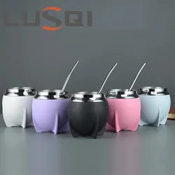 LUSQI 1PC Stainless Steel Leather-like Appear Cover Double Layer Mate Tea Mug Trendy Creative Water Cup With Straw Spoon