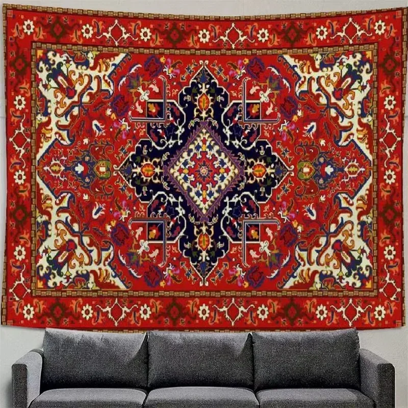 Red Moroccan Ethnic Style Tapestry Wall Hanging Room Cloth Bohemian Patterns Ethnic Persian Carpet Psychedelic Tapestry Decor