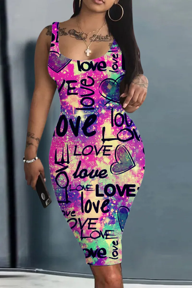 Платье Женское Plus Size Summer Women\'s Dress Large Size Contrast Heart Print U-Neck Sleeveless Casual Bodycon Mini Dresses