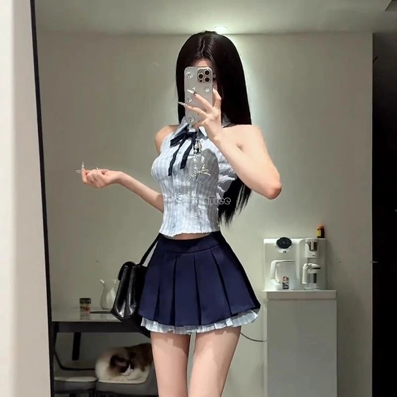 2025 abito uniforme in stile scolastico coreano giapponese in due pezzi da donna estivo chic top allacciato e gonna corta a pieghe a vita alta set jk