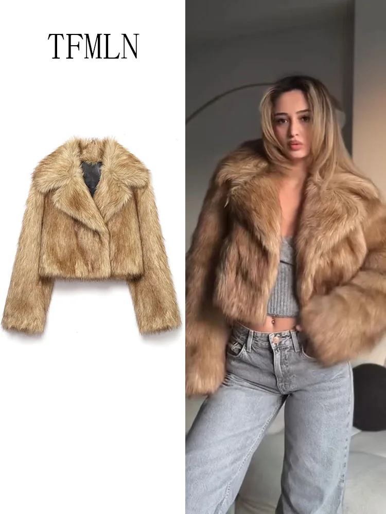 TFMLN 2025, Herbst Winter Frauen Faux Pelz Abgeschnitten Jacken Luxus Drehen Unten Kragen Dicke Kausalen Mäntel Mode High Street Outwear