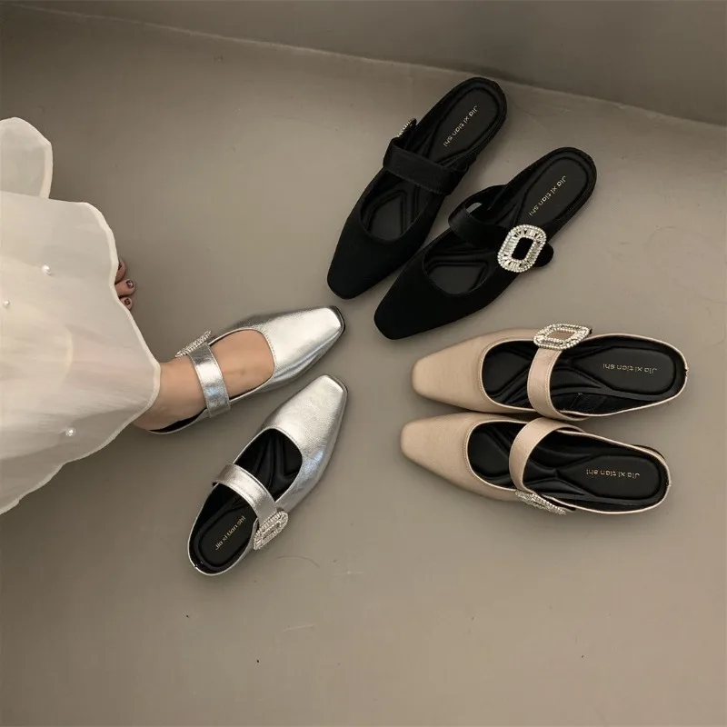 

Уличные тапочки на плоской подошве, летняя женская обувь с квадратным носком, модные женские сабо с кристаллами, сандалии Мэри Джейн, новые современные тапочки