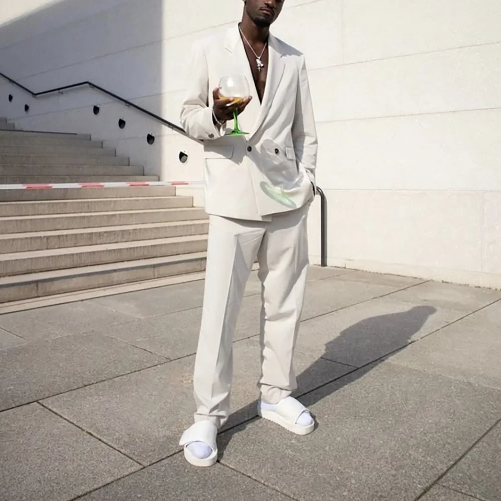 

Simple White Double Breasted Peaked Lapel Men Suits Wedding Formal Party Fashion Man Sets 2 Pieces (Jacket+Pants) Banquet Sets