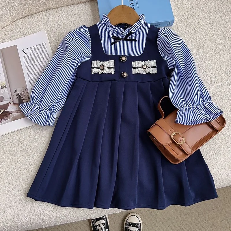 Congme 0-6 Yrs Fashion Girls Clothes Dress School Style Kids Long Sleeves Fake 2 pcs British Style Princess Dress Skirt