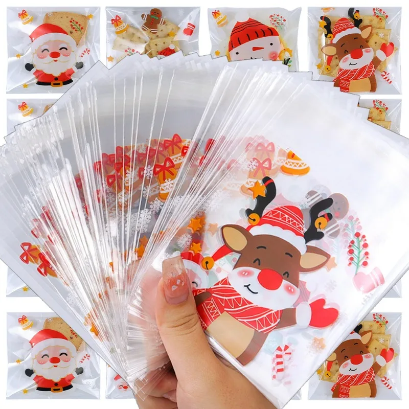 Christmas Self Sealing Candy Bag Clear Cookie Bags Cartoon Gingerbread Santa Claus Patterned Christmas Party Decoration Supplies