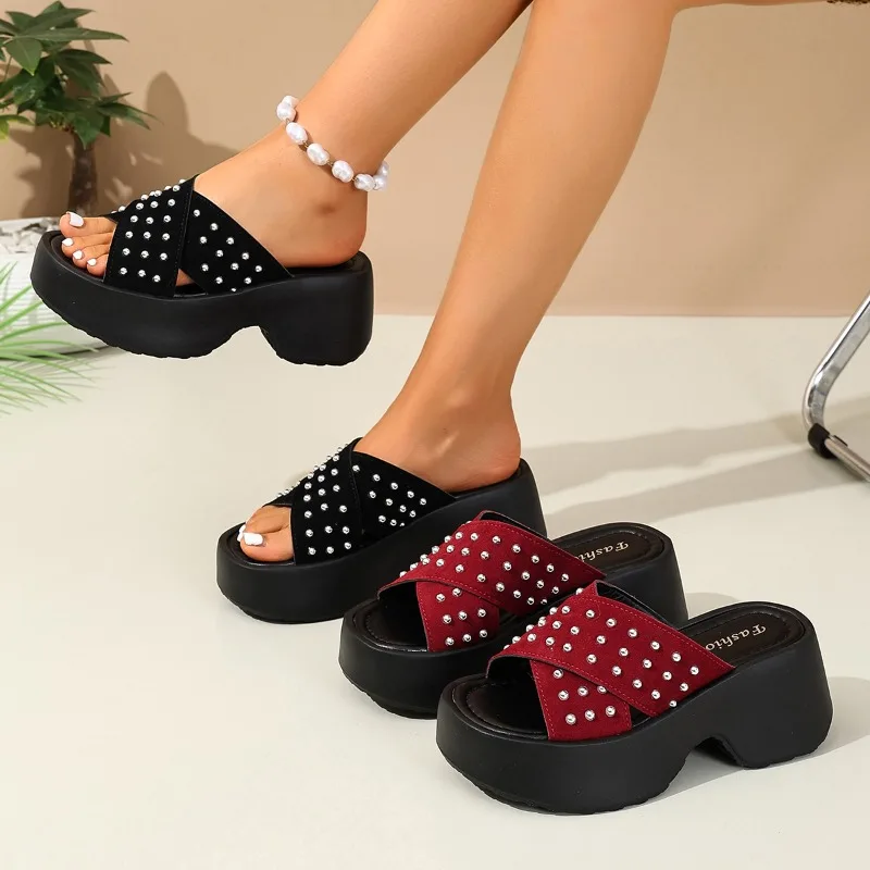 Rivet Decoration Women Slippers 2026 Summer New Fashion High Heel Sandals Female Trendy Casual Comfortable Thick Heeled Shoes