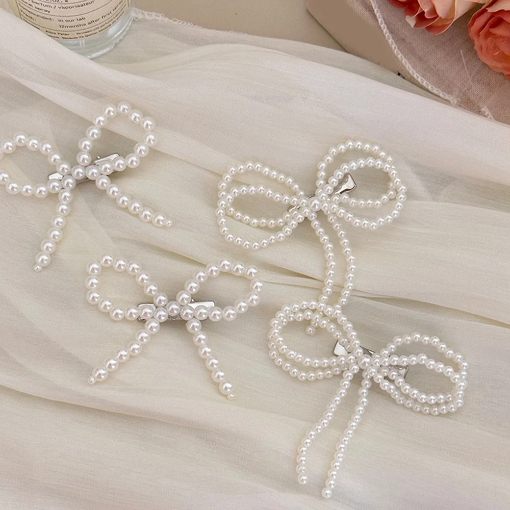 1PC Pearl Side Clip Double-layer Bows Pearls Bangs Side Clip Imitation Pearl Woven Bowknots Hairpins Exquisite Hair Decorations