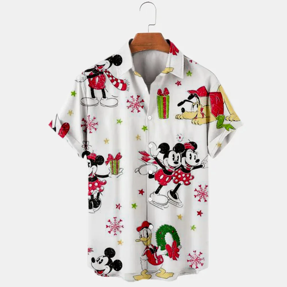 2024 New Christmas Collection Disney Brand Stitch And Mickey Anime 3D Printed Men's Lapel Short Sleeve Shirt Slim Top Y2K