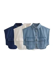 Women Fashion With Pockets Cropped Denim Shirts Sexy Sleeveless Button-up Female Blouses Blusas Chic Tops