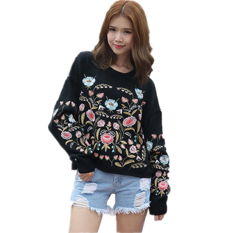 2022 Vintage Pullover Embroidery Round Collar Flowers Top Loose Korean Autumn Winter Jumper Long Sleeve Women Fashion Sweater