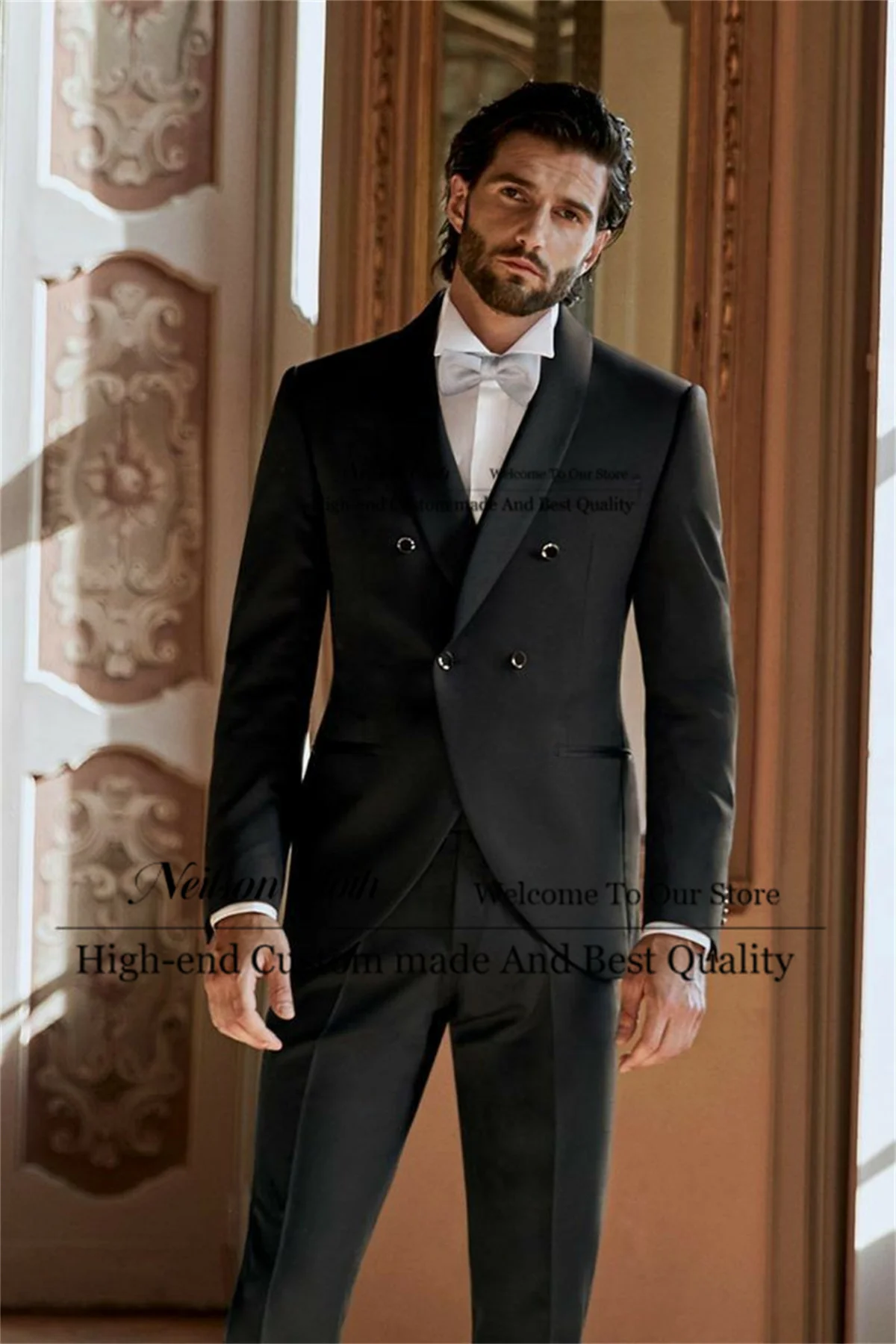 

Formal Black Tailcoat Male Prom Blazers 2 Pcs Sets Double Breasted Groom Wedding Tuxedos Customized Shawl Lapel Costume Homme