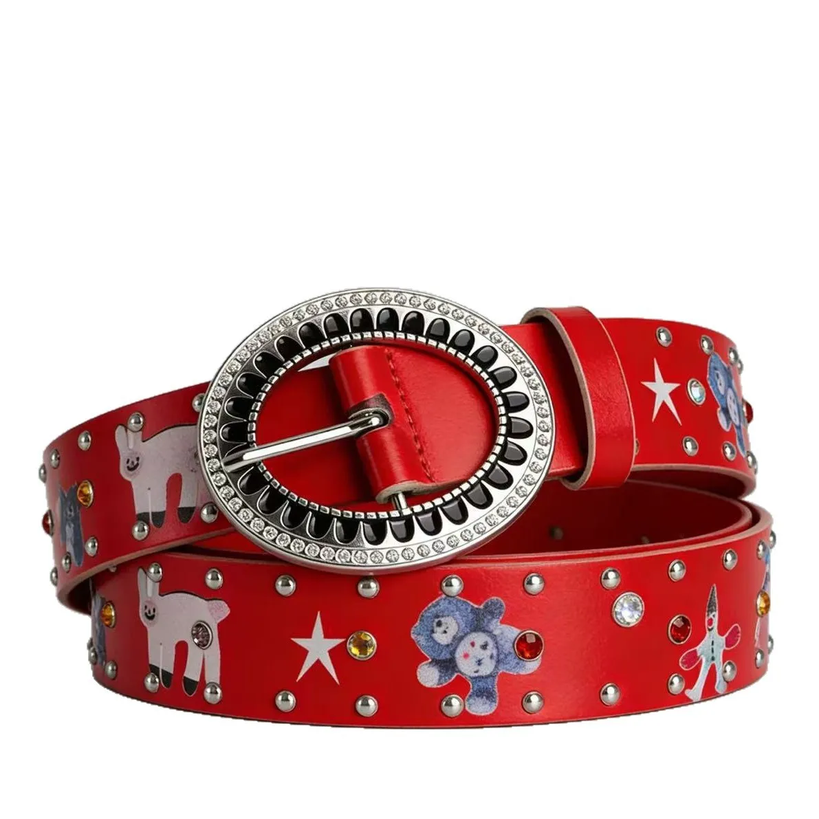 American Retro Cartoon Graffiti Belt, Hot Girl Waist Belt with Rhinestone Buckle, Rivet Decoration and Bear Ornaments