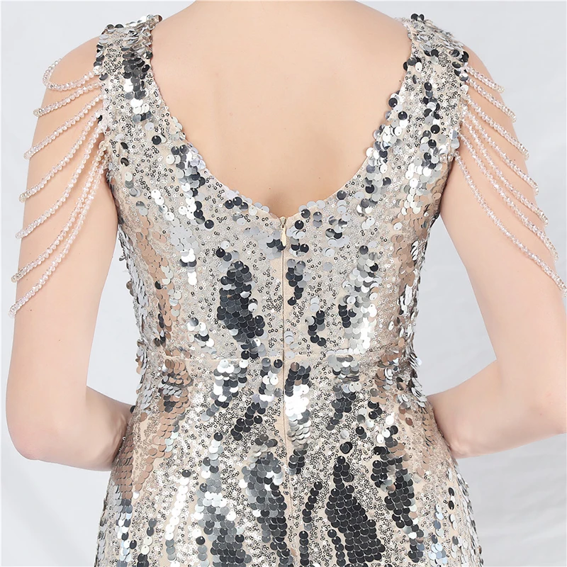 Women Sexy Elegant Sleeveless V Neck Backless Silver Gold Sequined Cocktail Prom Wedding Evening Party Long Maxi dresses