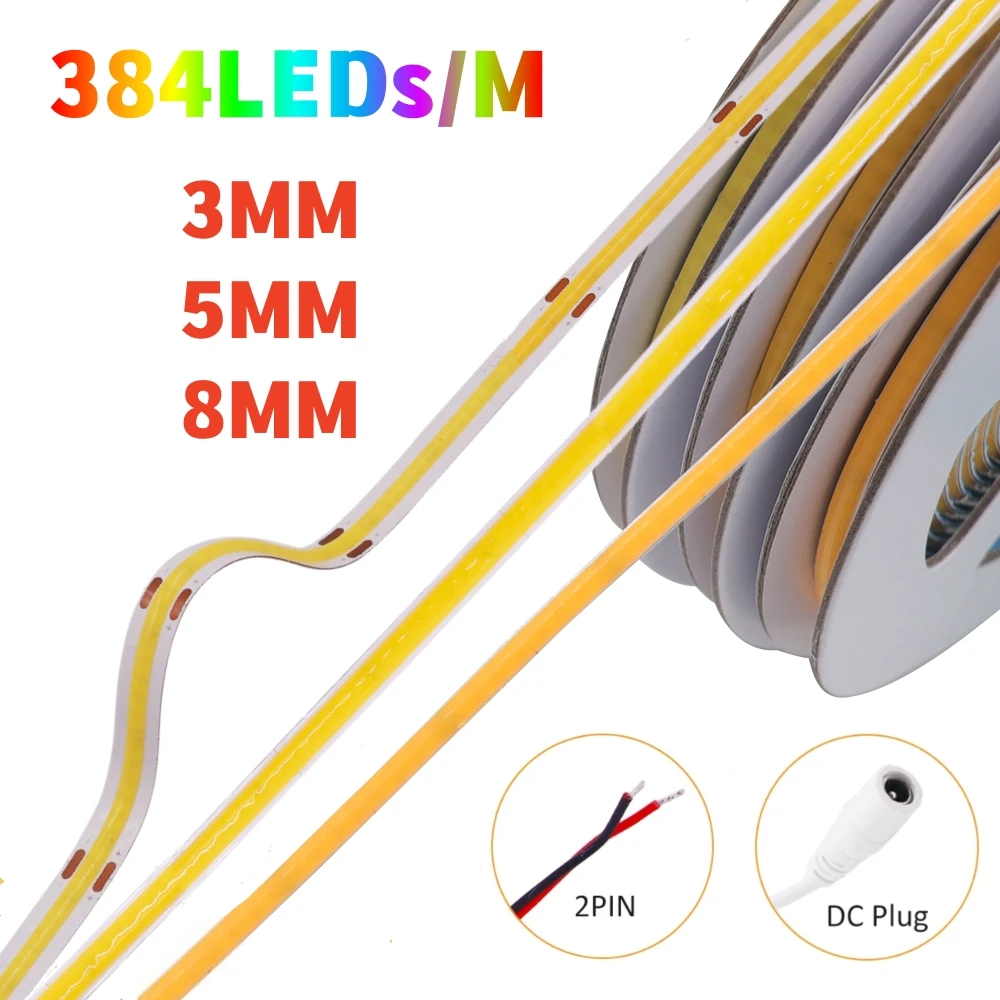 

12V 24V FOB LED Tape Diode Lamp COB Strip Light 3MM 5MM 8MM PCB 384LEDs/M RA90 High Density Linear Lighting 3000K 4000K 6000K