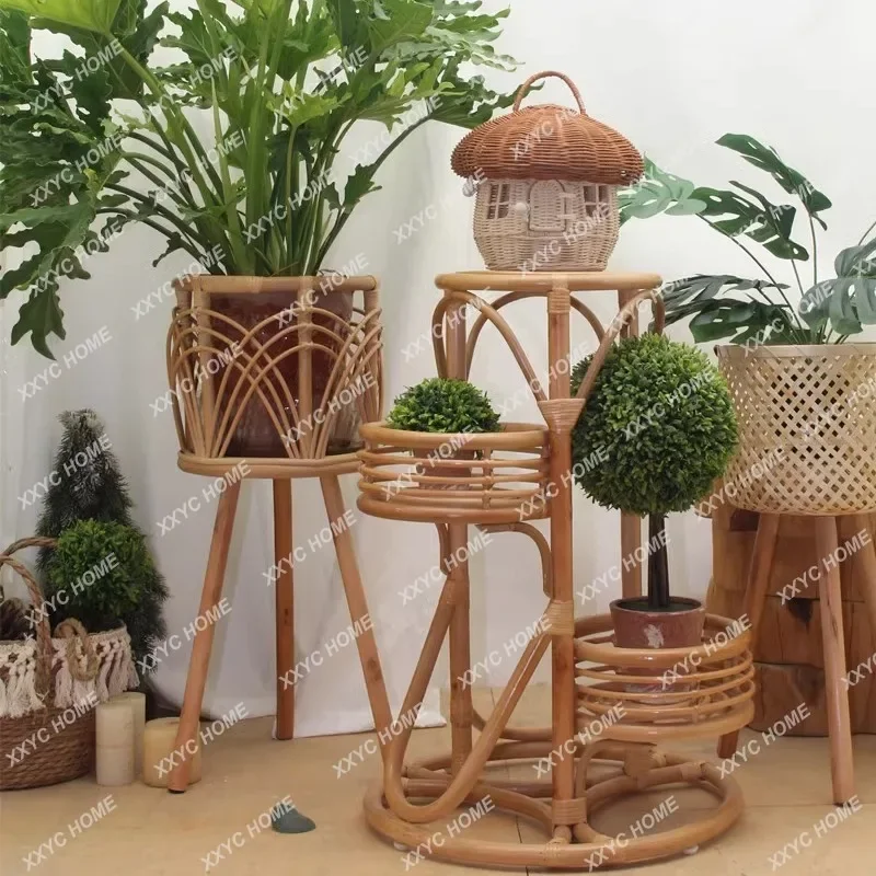 Nordic solid wood Indonesian rattan flower stand,  sofa side few floor bamboo weaving rack, wall corner balcony flower pot stand