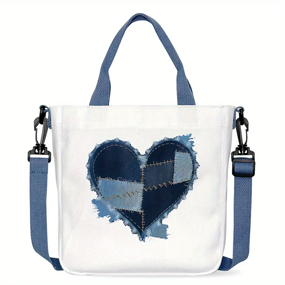 Denim Patchwork Heart Canvas Tote Crossbody Bag Vintage Love Pattern Handbag Adjustable Removable Strap Casual Shoulder Bag