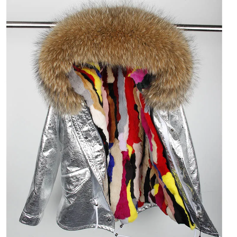 Natural Rabbit fur Lined parka coat women winter jacket natural raccoon fur collar parkas