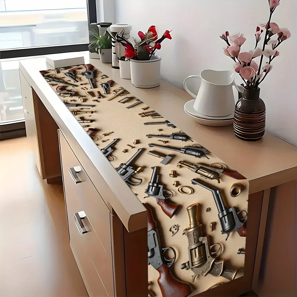 Firearms Theme Table Runner - Realistic Revolver Rifle & Bullet Pattern Table Cover for Western Parties, Man Cave & Shop Decor