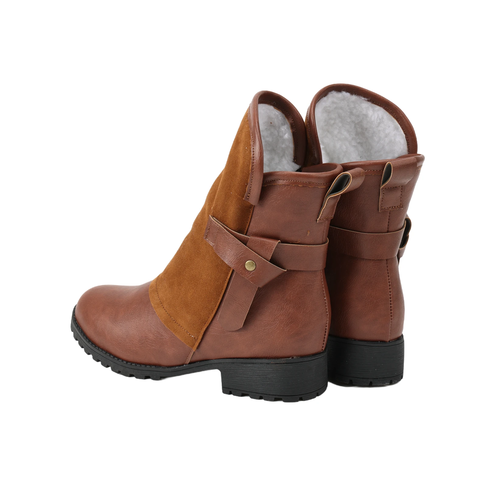 النساء الرجعية دراجة نارية أحذية بوت قصيرة مع مبطنة بالصوف الدافئة الكلاسيكية حذاء من الجلد المضادة للانزلاق ومقاومة للاهتراء سميكة وحيد