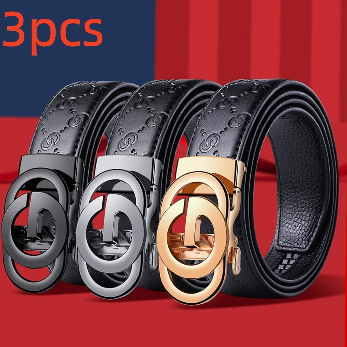 3Pcs Men Auto‑Lock Belt Embossed Pattern Waist Strap Double‑Ring Metal Buckle Adjustable Business Casual Jeans Waistband