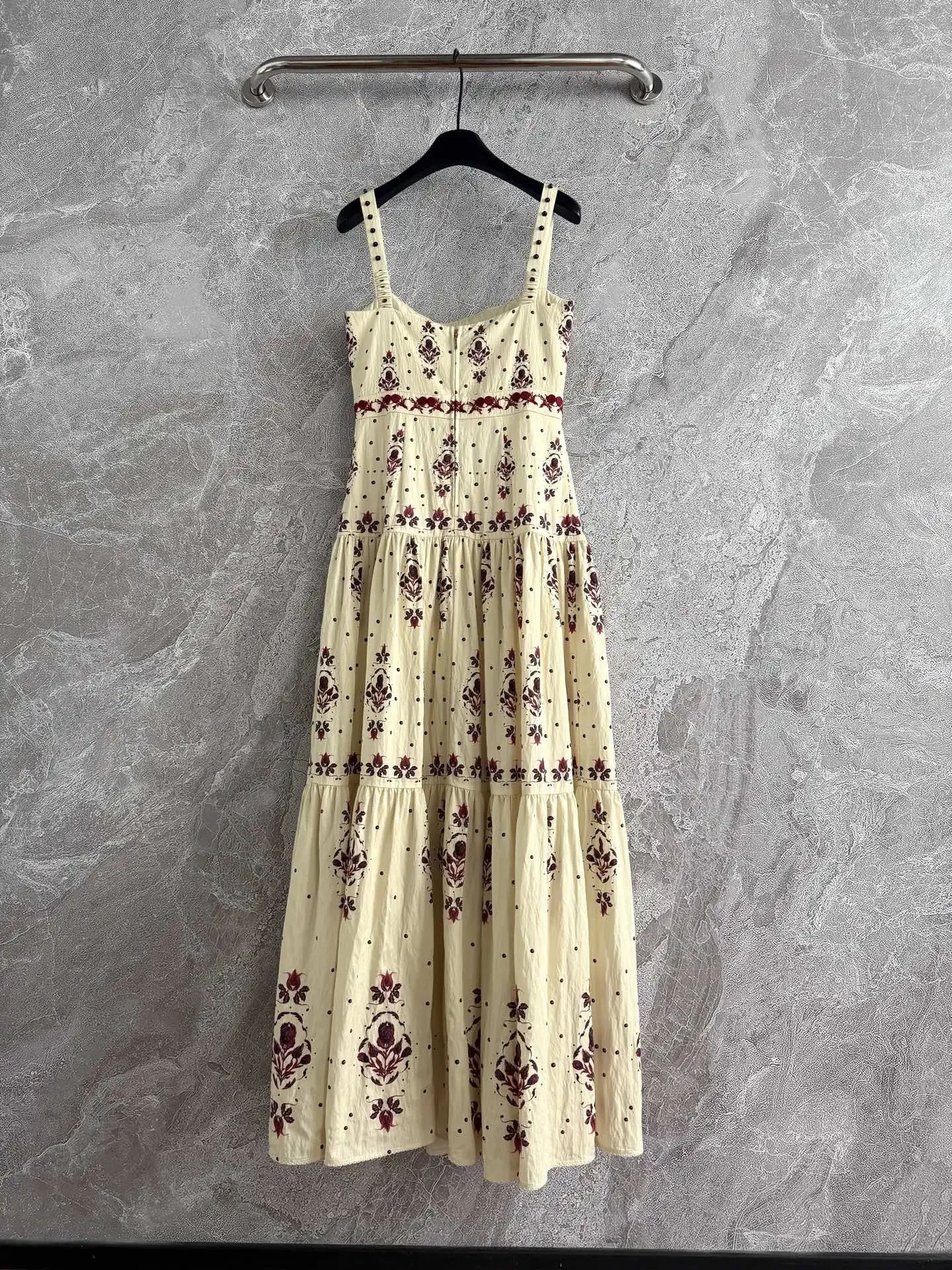 Robe longue en coton pour femmes, imprimé floral, écharpe, broderie de perles, col carré, taille haute, sans manches, vacances, nouvelle collection 2025