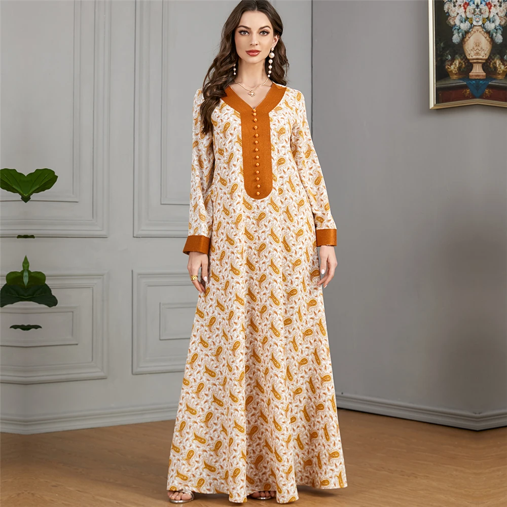 

Eid Party Muslim Abaya Elegant Women Floral Print Maxi Dress Dubai Kaftan Arabic Turkey Islamic Ramadan Jalabiya Caftan Vestidos