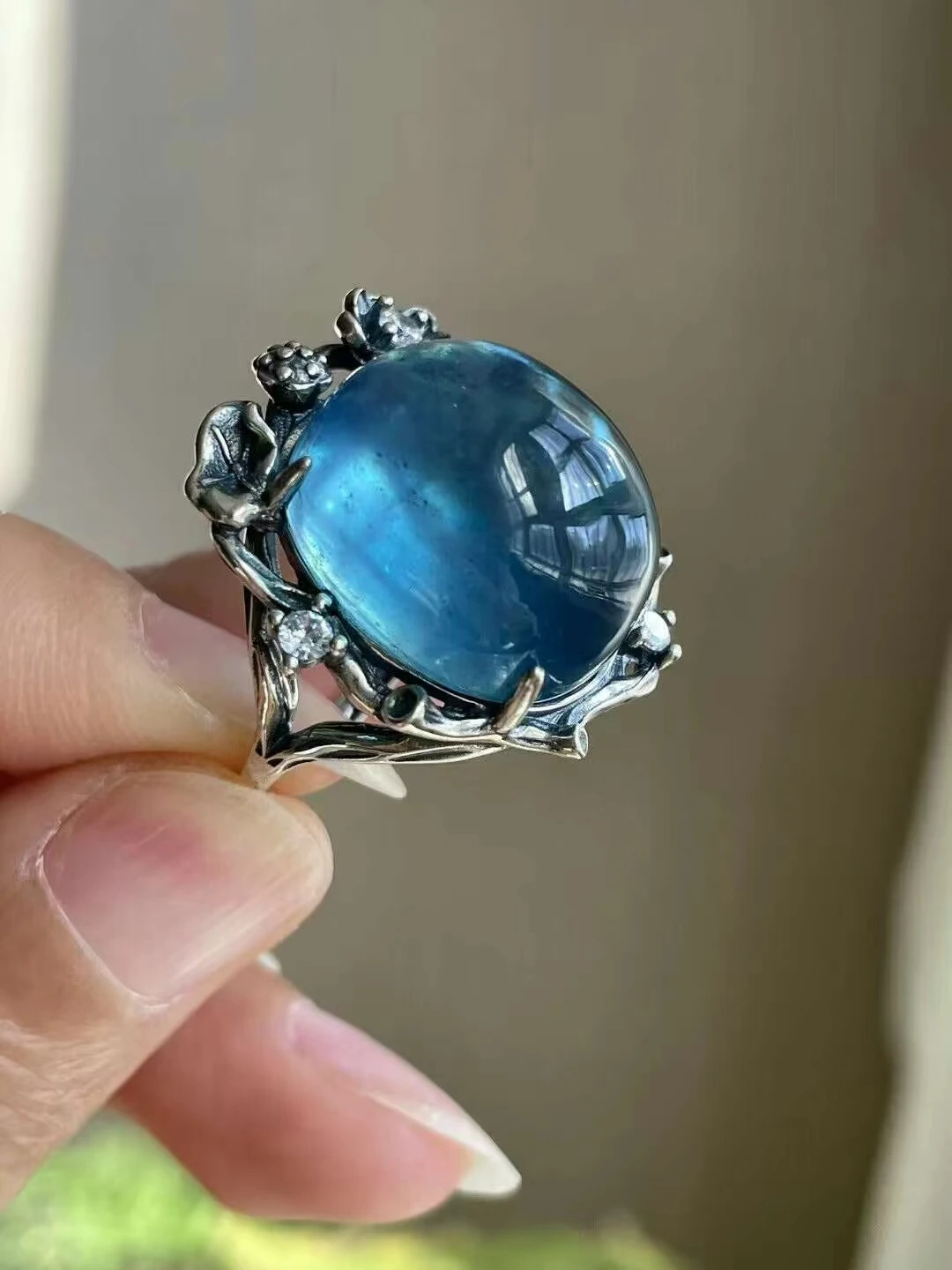 Natural Blue Aquamarine Crystal Adjustable Ring Silver 18.3*15.6mm Aquamarine Ring Fashion AAAAAA