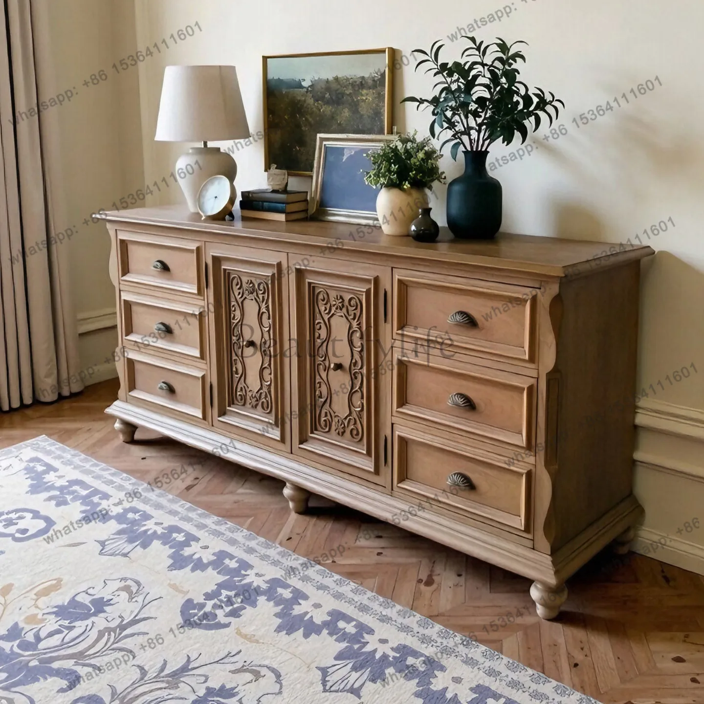 Factory Direct French vintage solid wood carved sideboard vintage vintage living room storage cabinet