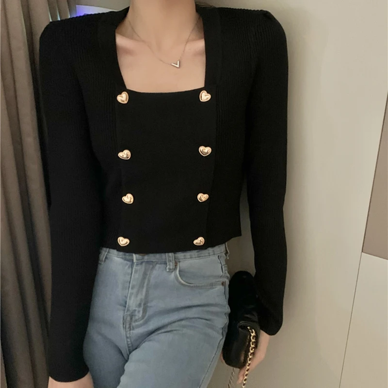 MEXZT White Cropped Sweater Women Black Square Collar Knitted Pullovers Korean Fashion Long Sleeve Knitwear Fall Winter Jumpers