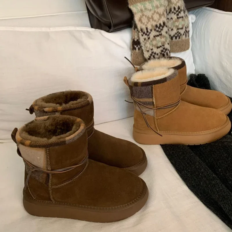 Women Thick Bottom Snow Boots Women Fur Leather Integrated Fleece Lined Short Tube Boot Versatile Warm Cotton Boots Winter Shoes