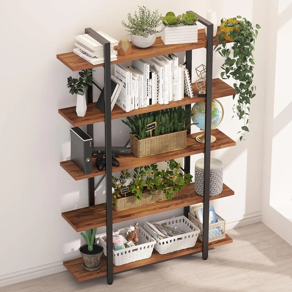 

Wood and Metal Minimalist 5 Tier Bookshelf, 6 Feet Tall Open Rustic Wide Bookcase Industrial Style, Modern Wooden, Customized