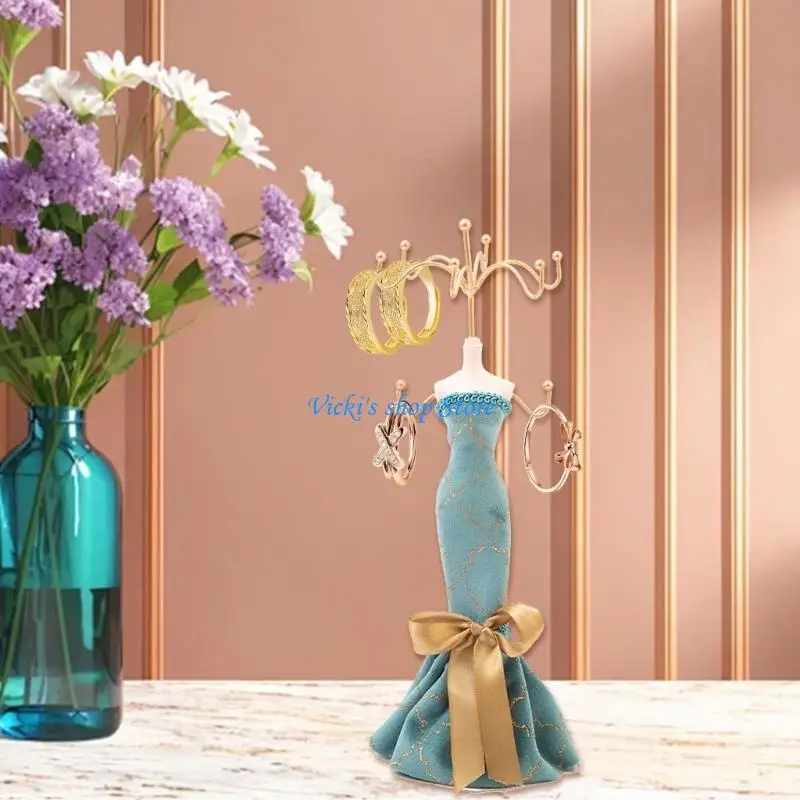 

C1FC Luxury Jewelry Stand With Gold Detailing Elegant Teal Earring Holder For Women Girls Dresser Top Storage Organization