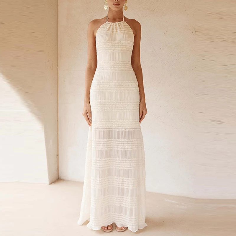 

2025 Summer Suspender Draped Slim Long Dresses Sexy Backless Sleeveless Beach Dress Elegant Slim Solid Color Women's Party Dress