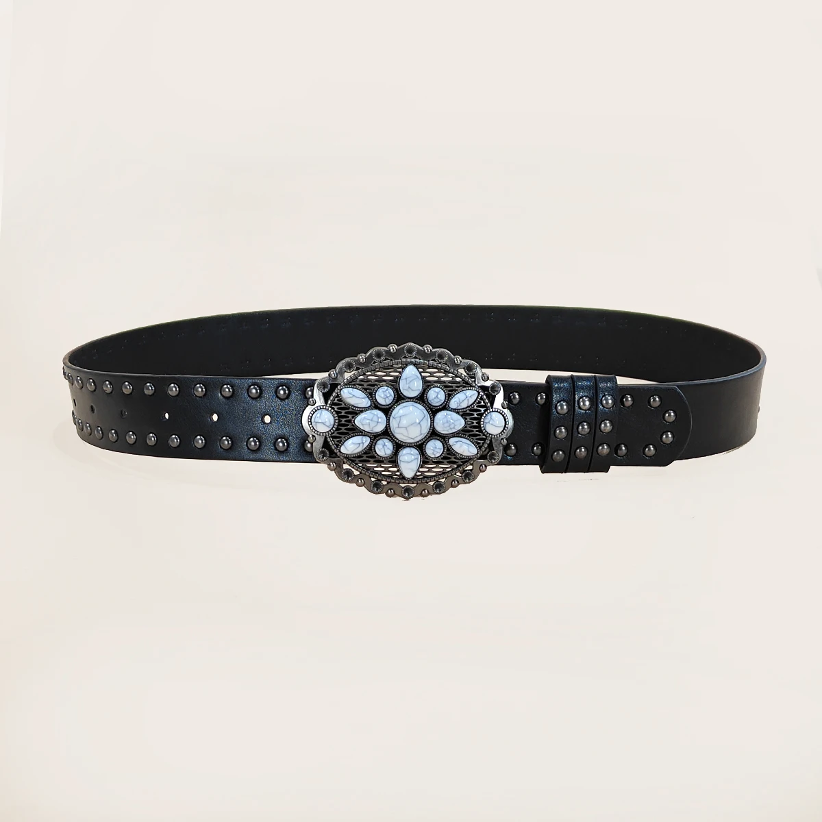 Herren- und Damen-Freizeitgürtel im Punk-Stil mit Nieten, Western-Gürtel aus PU-Leder mit türkiser Schnalle für den täglichen Arbeitsalltag, Gothic-Jeansgürtel – Detail 1