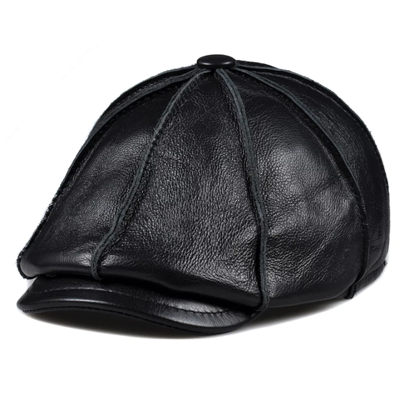 Octagonal Beret Hat Male Winter Warm Men\'s Cowhide Leather Elegant Fashion Student Tongue Cap Snapback Caps For Driver Cabbie