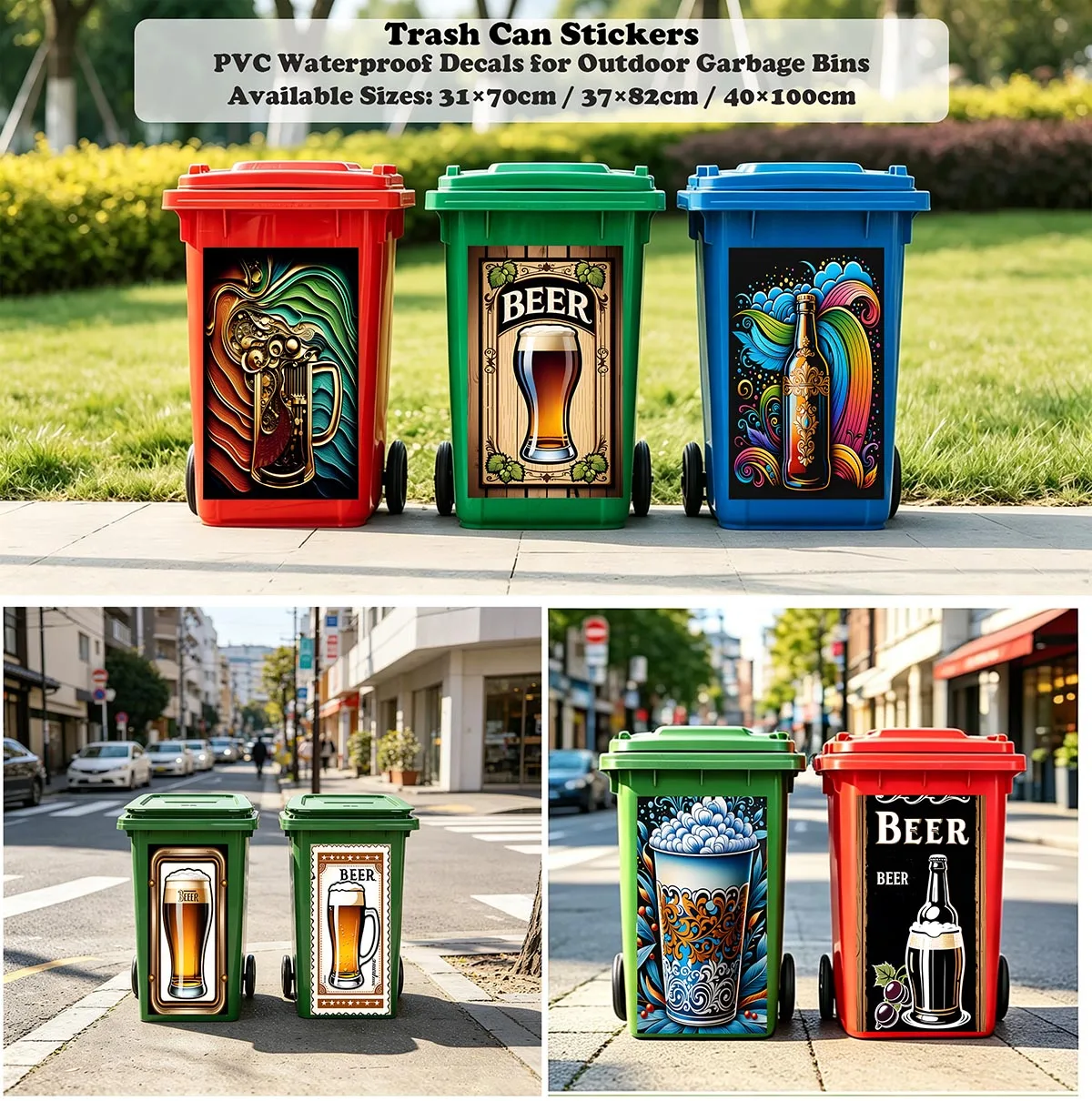 Ornate Floral Foamy Beer Mug Trash Can Sticker Self-adhesive Waterproof Vinyl Decal for Outdoor Wheeled Garbage Bin Stickers