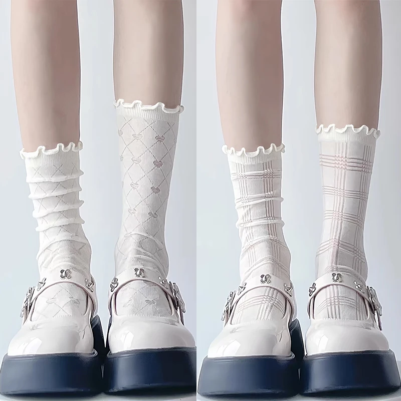 Kaus kaki rumbai renda putih untuk wanita, kaus kaki tabung tengah Harajuku motif dasi kupu-kupu jaring gaya jalanan, kaus kaki Sox tipis Lolita manis