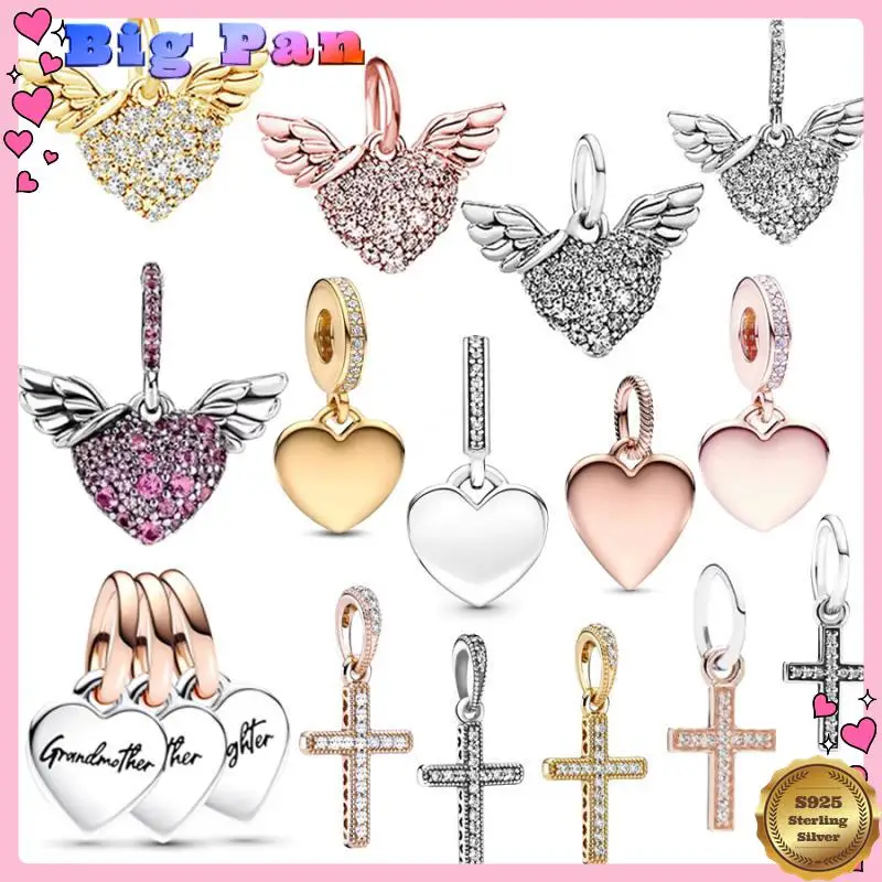 

Sparkling Cross，angel Wing，engravable Heart Tag Charm Beads Fit Original S925 Sterling Silver Bracelet Diy Jewelry Gift